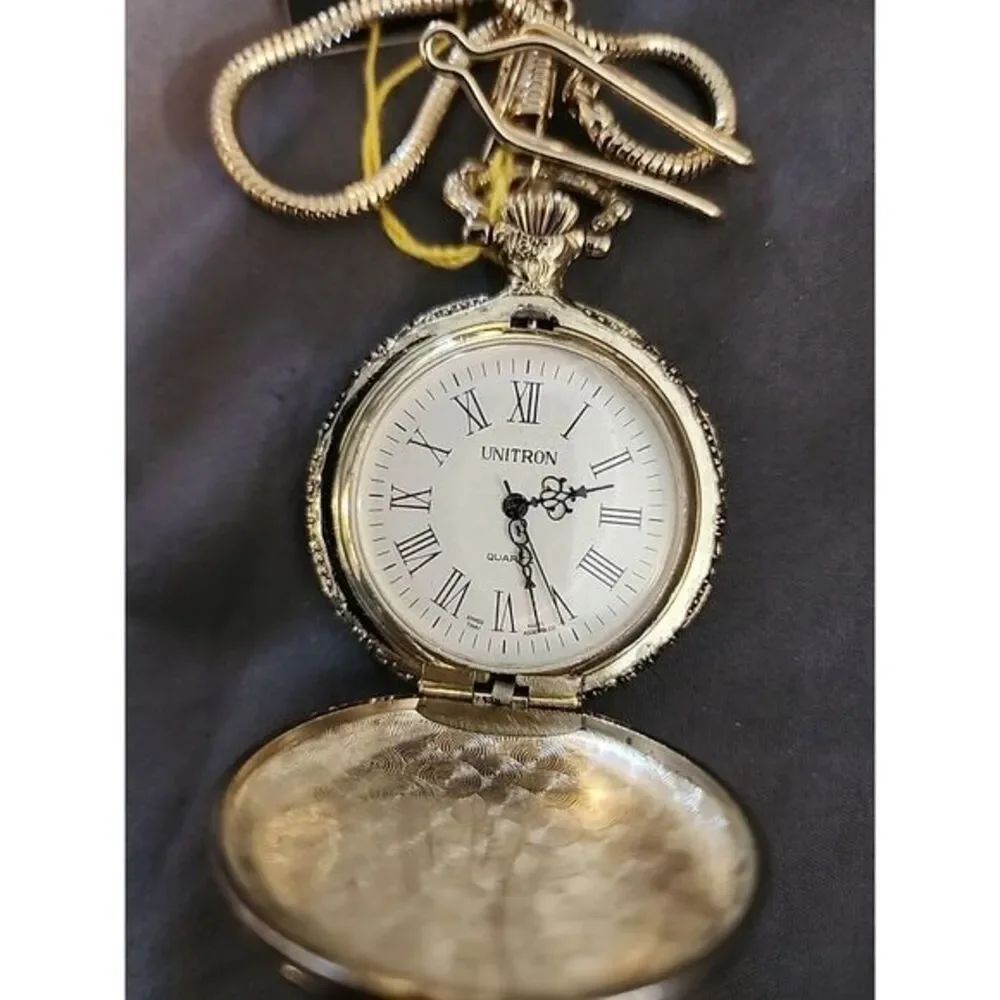 Unitron Silver Tone Finish White Dial Pocket‎ Watch Hunting Scene NWT